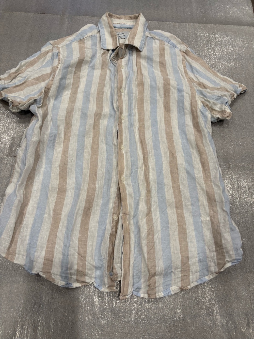 Posher&Ash Light Blue and Beige Striped Linen Short-Sleeve Shirt